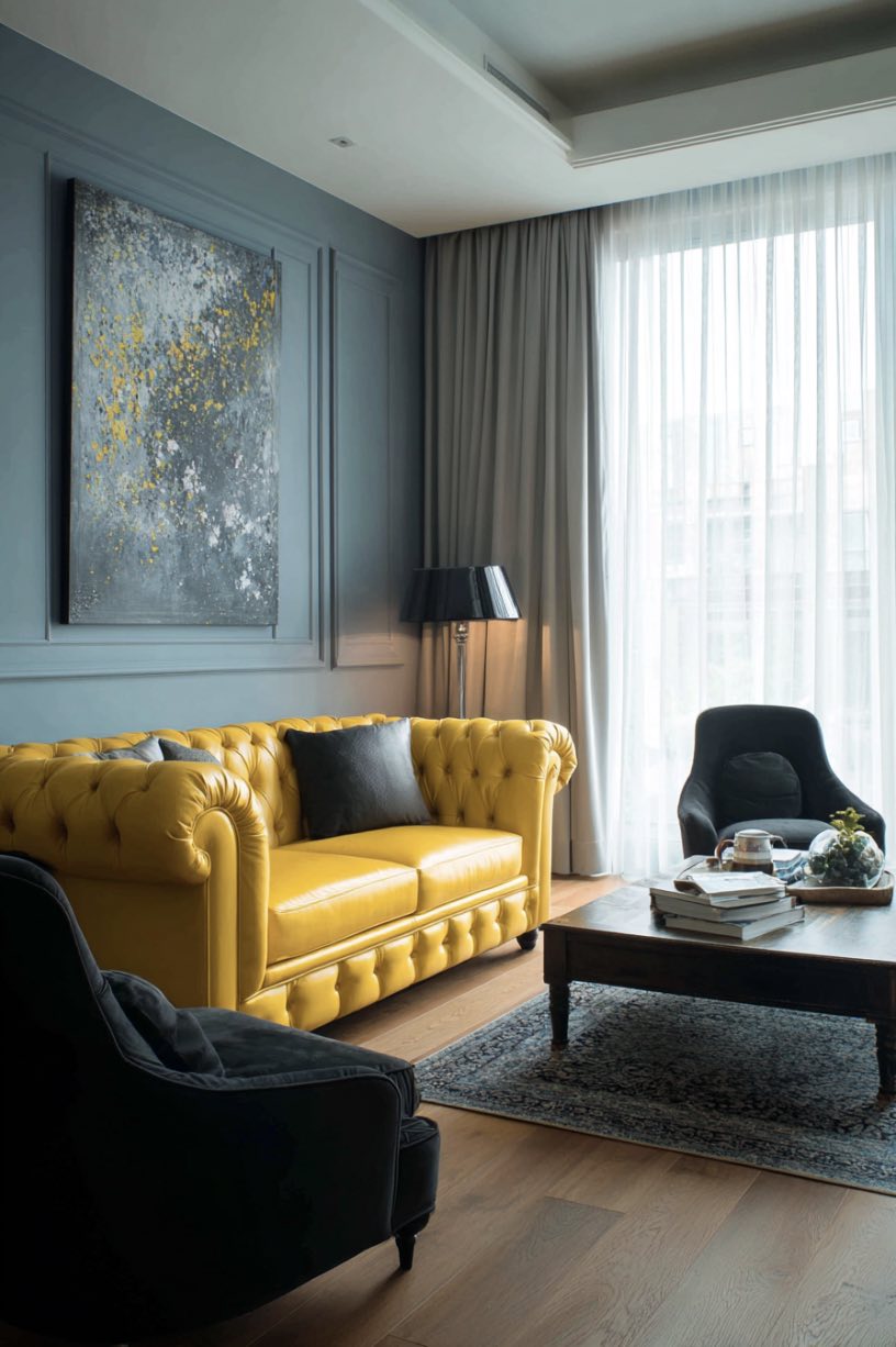 Blue-Grey and Yellow Living Room