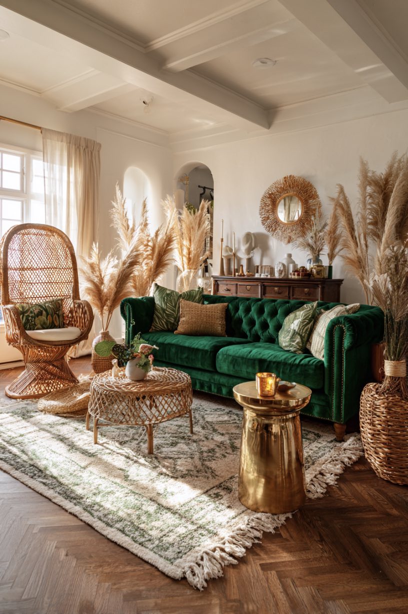 Velvet Sofa with Rattan Accents