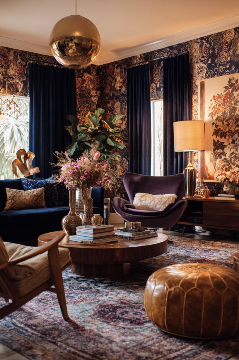 Patterned Wallpaper with Velvet Drapes