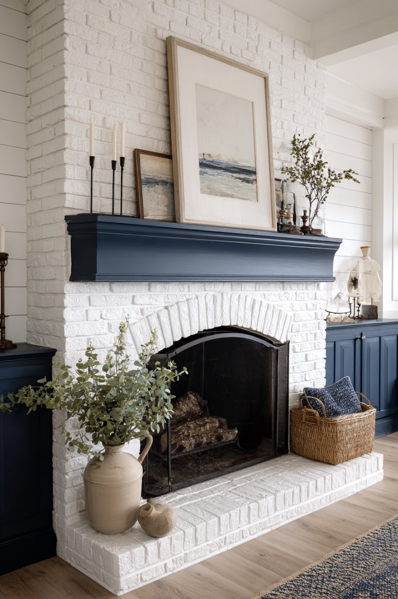 White Brick Fireplace with Navy Mantel
