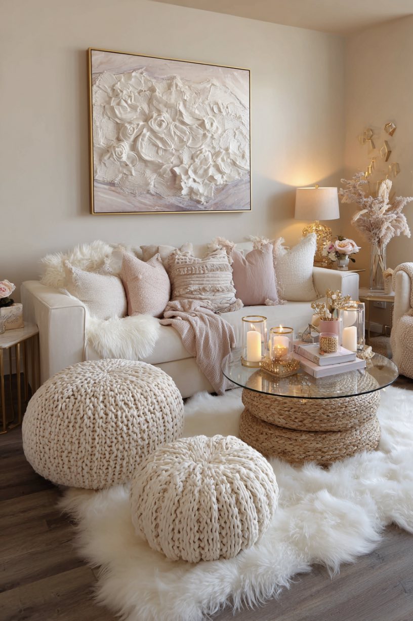 White Fur Rug and Woven Poufs