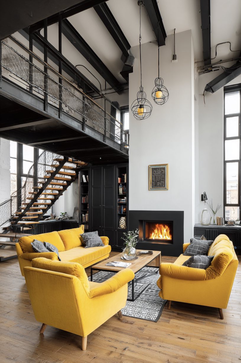 Industrial Loft with Yellow Sofas