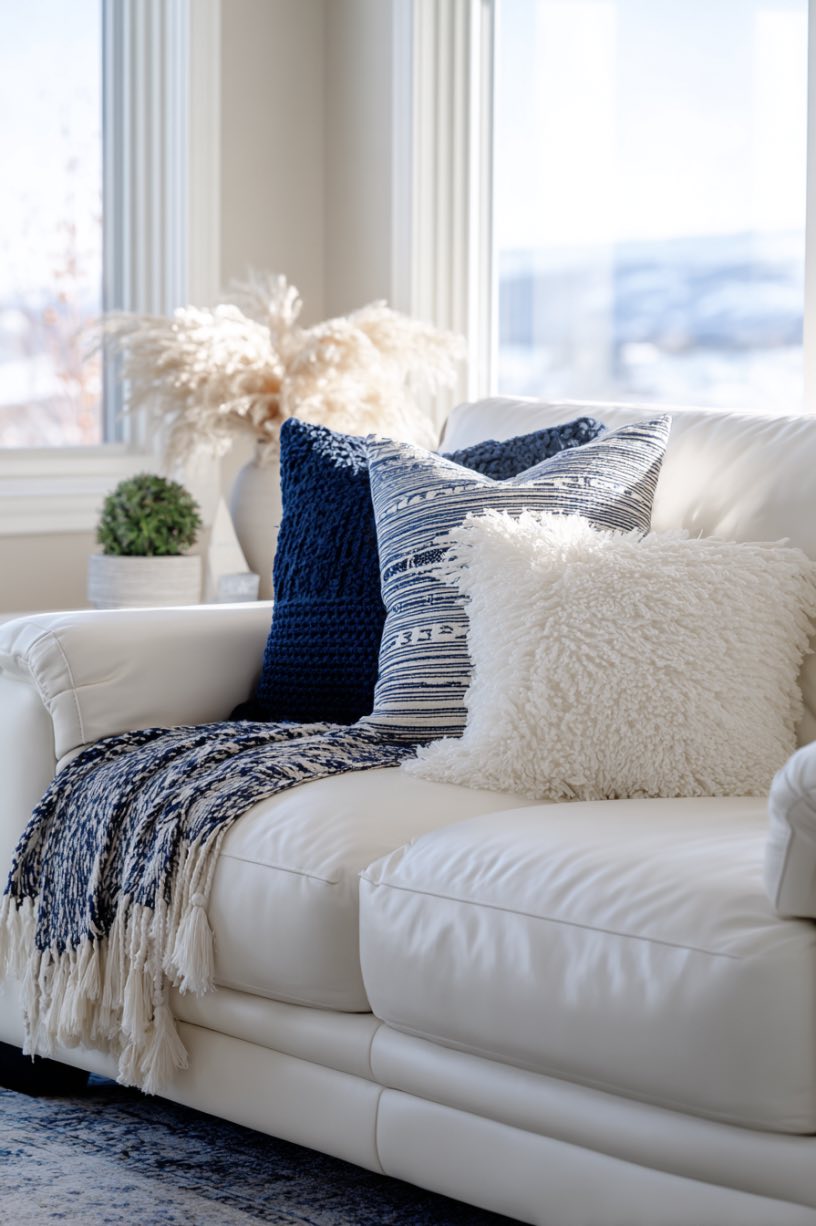 Layered Navy and White Throws