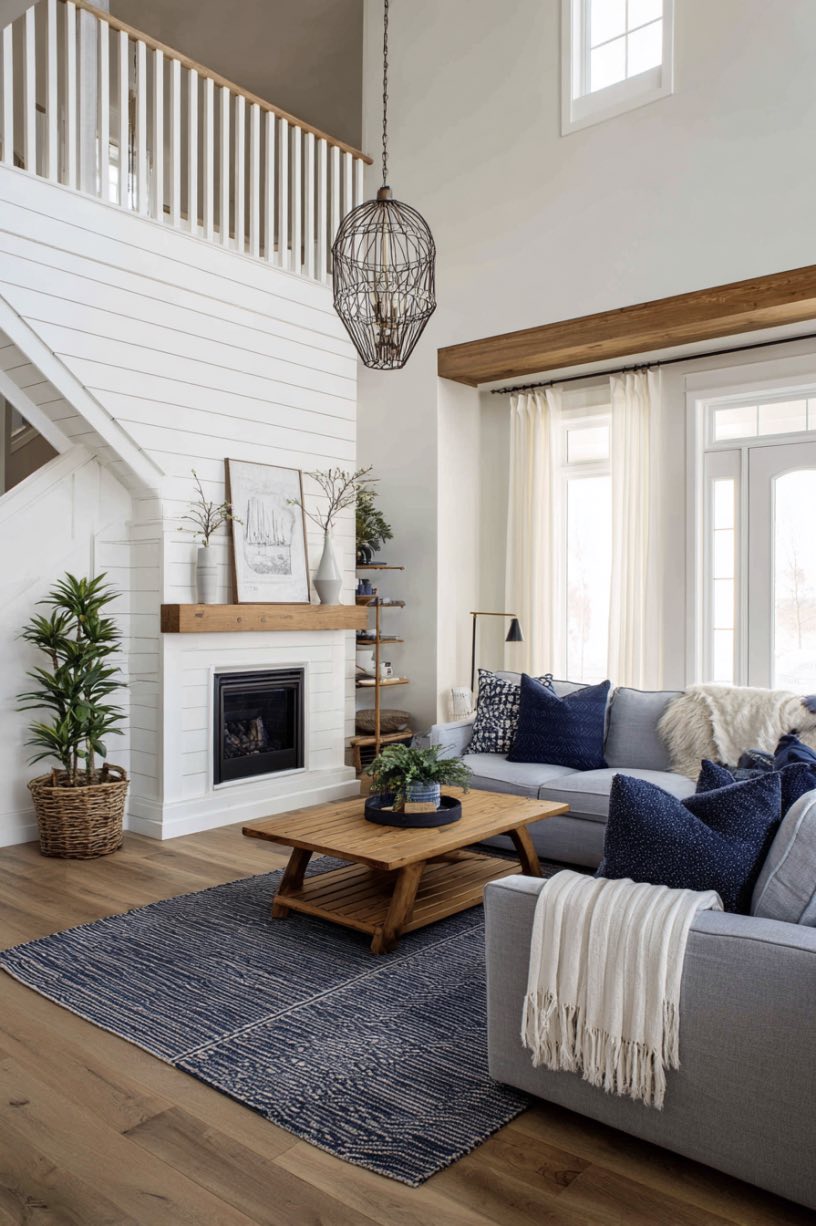White Shiplap Walls with Navy Accents
