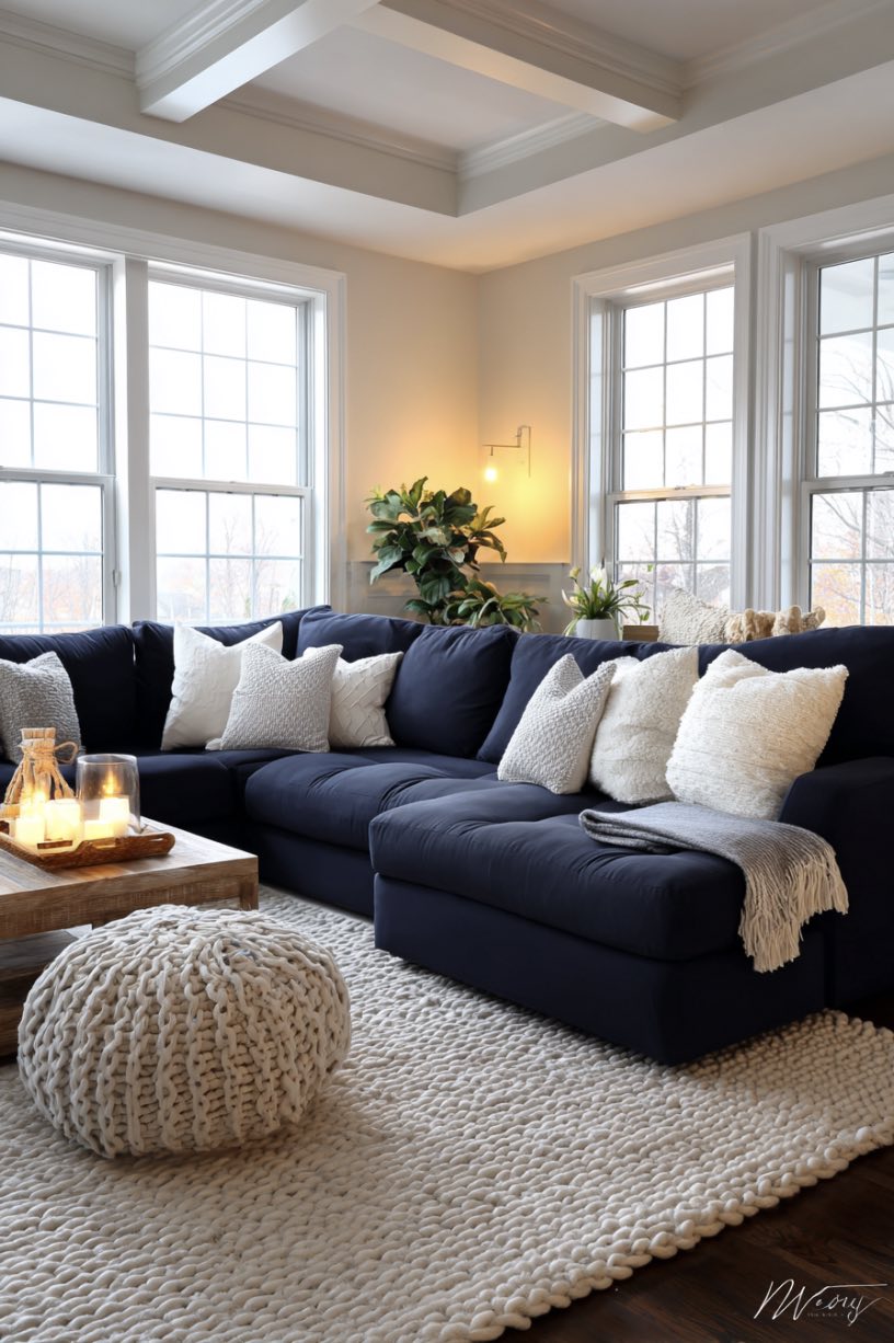 Navy Sectional with White Pillows