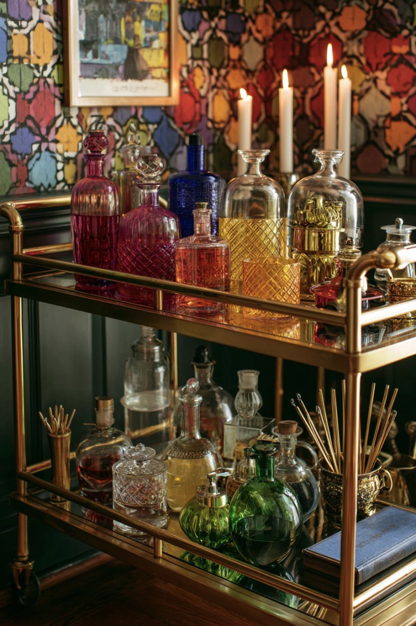 Vintage Bar Cart with Retro Glassware