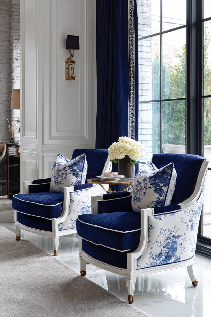 Navy Accent Chairs with White Pattern