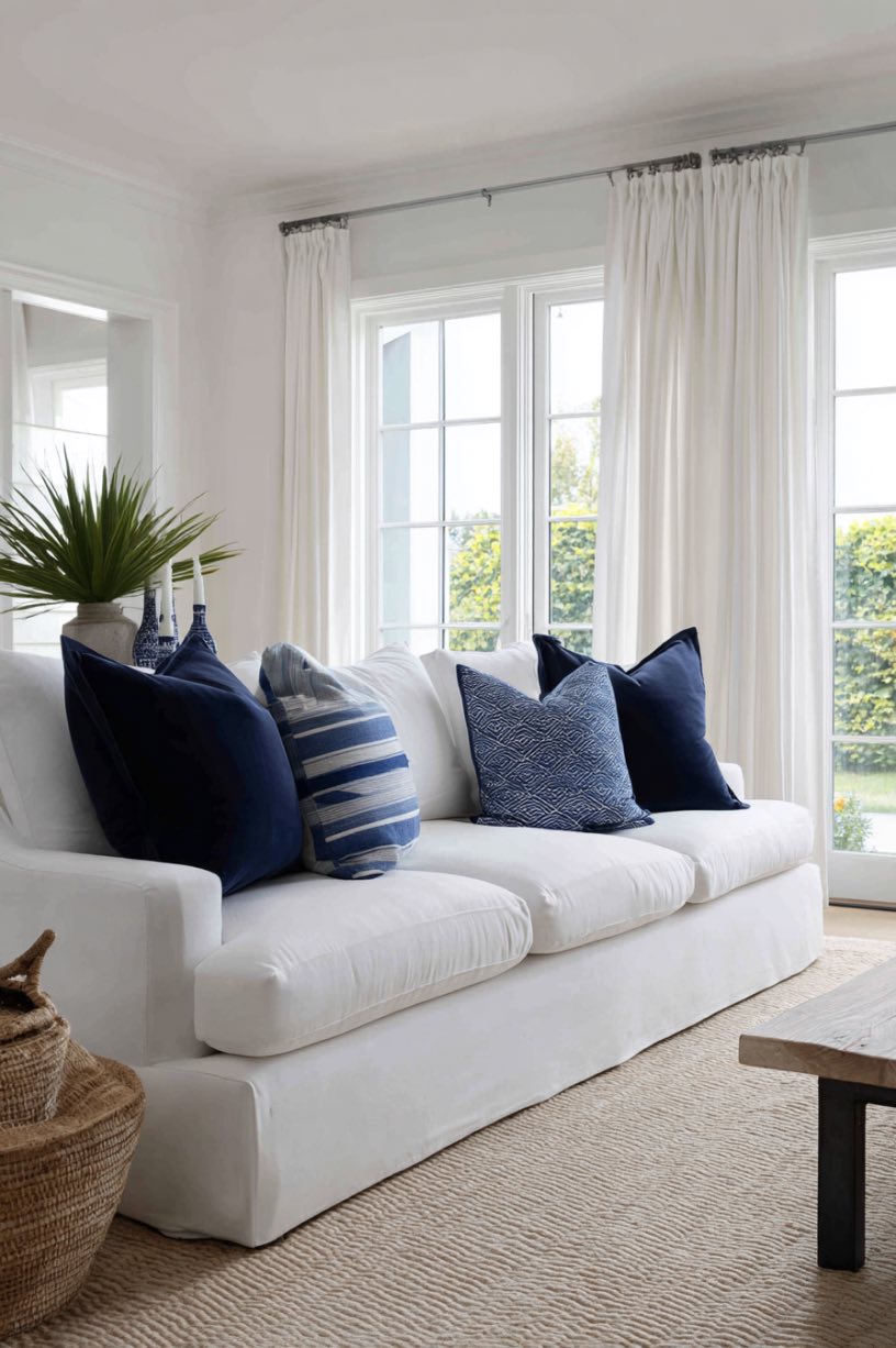 White Sofa with Navy Throw Pillows