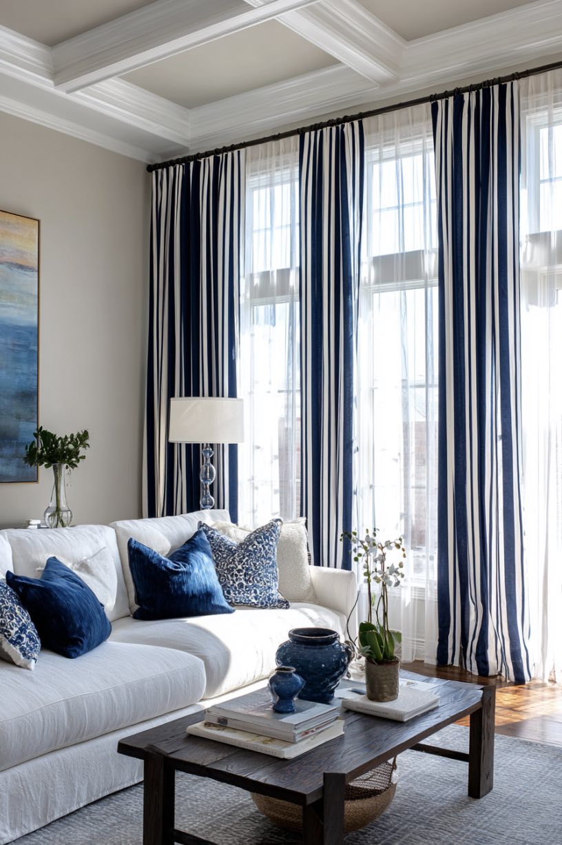 Navy and White Striped Curtains