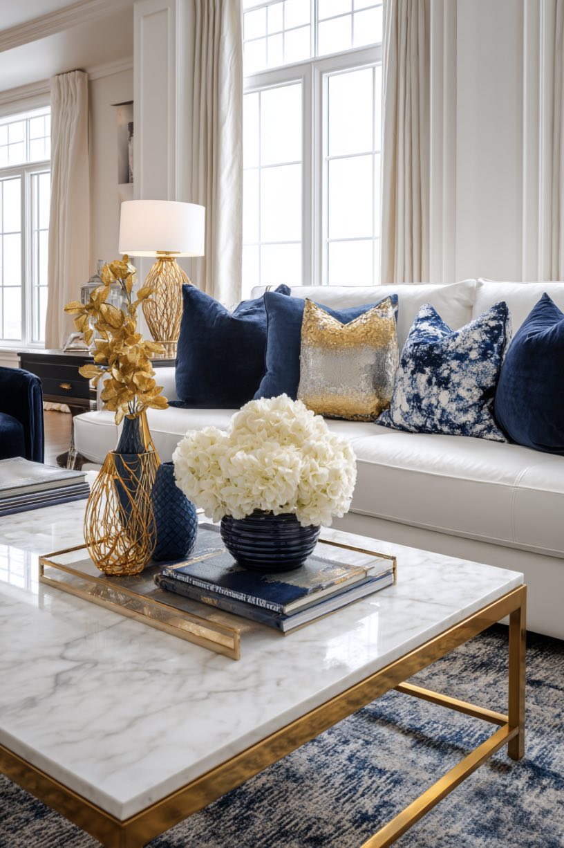 White Marble with Navy Accents