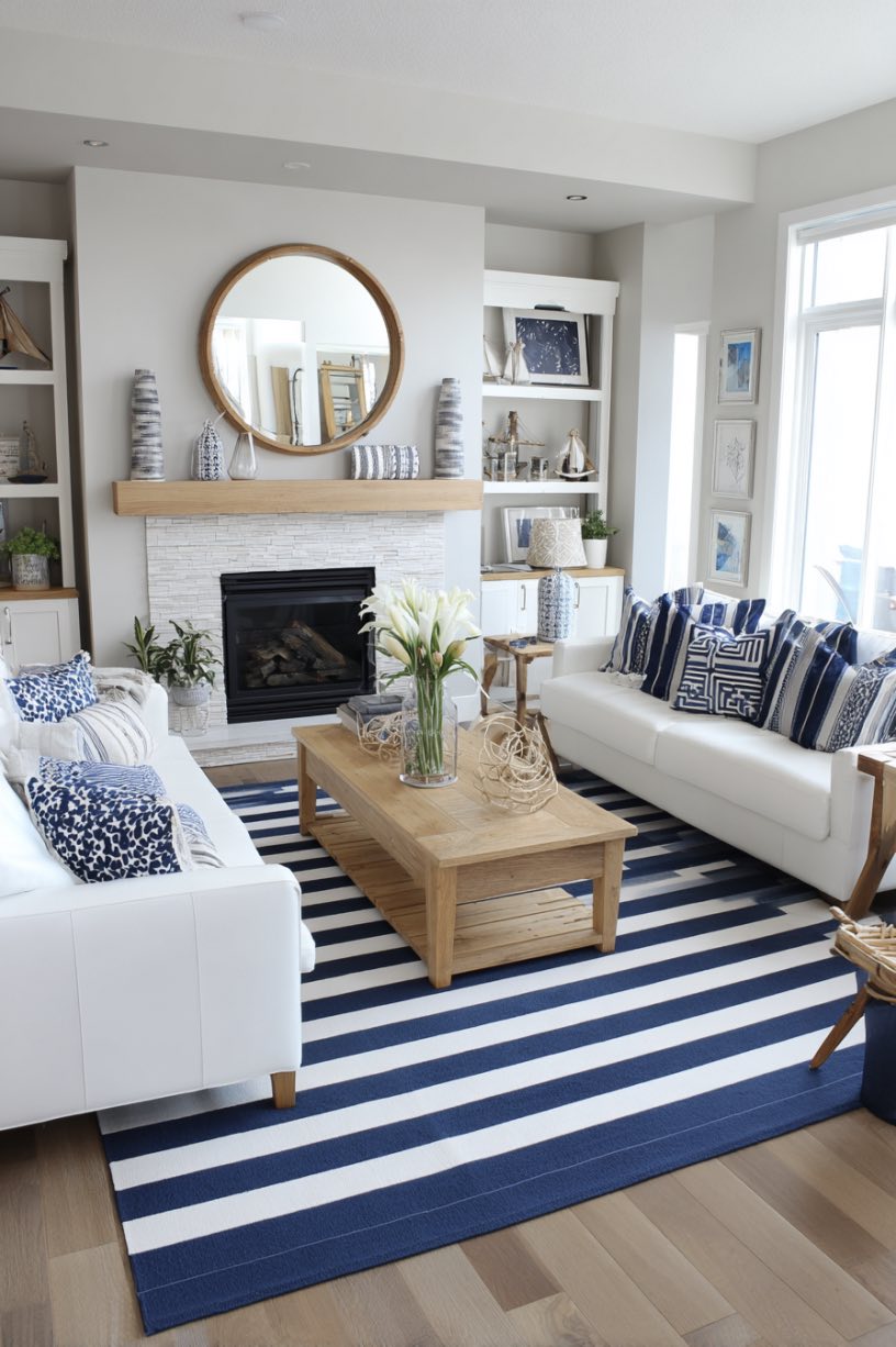 Striped Navy and White Rug