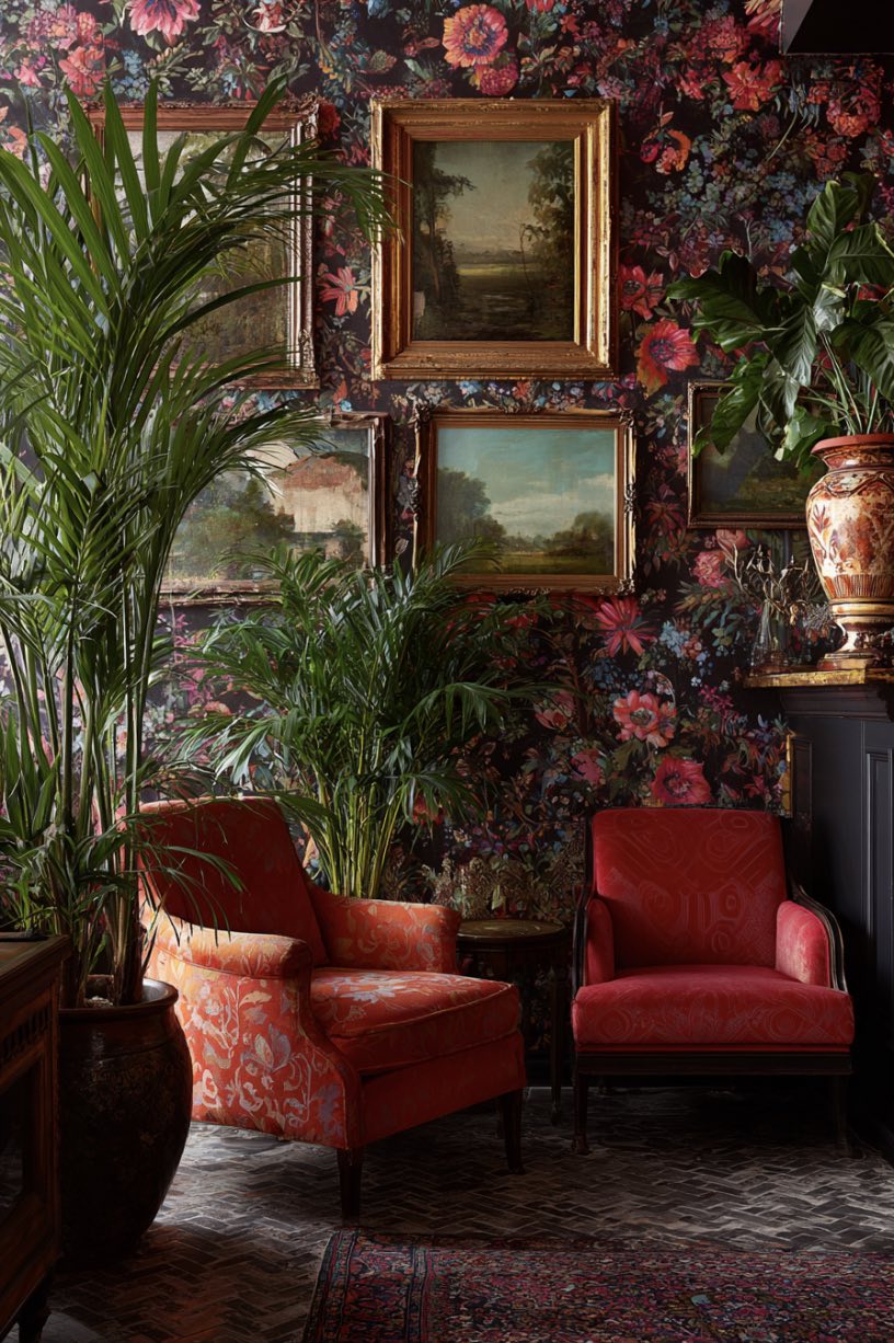 Patterned Wallpaper with Vintage Art