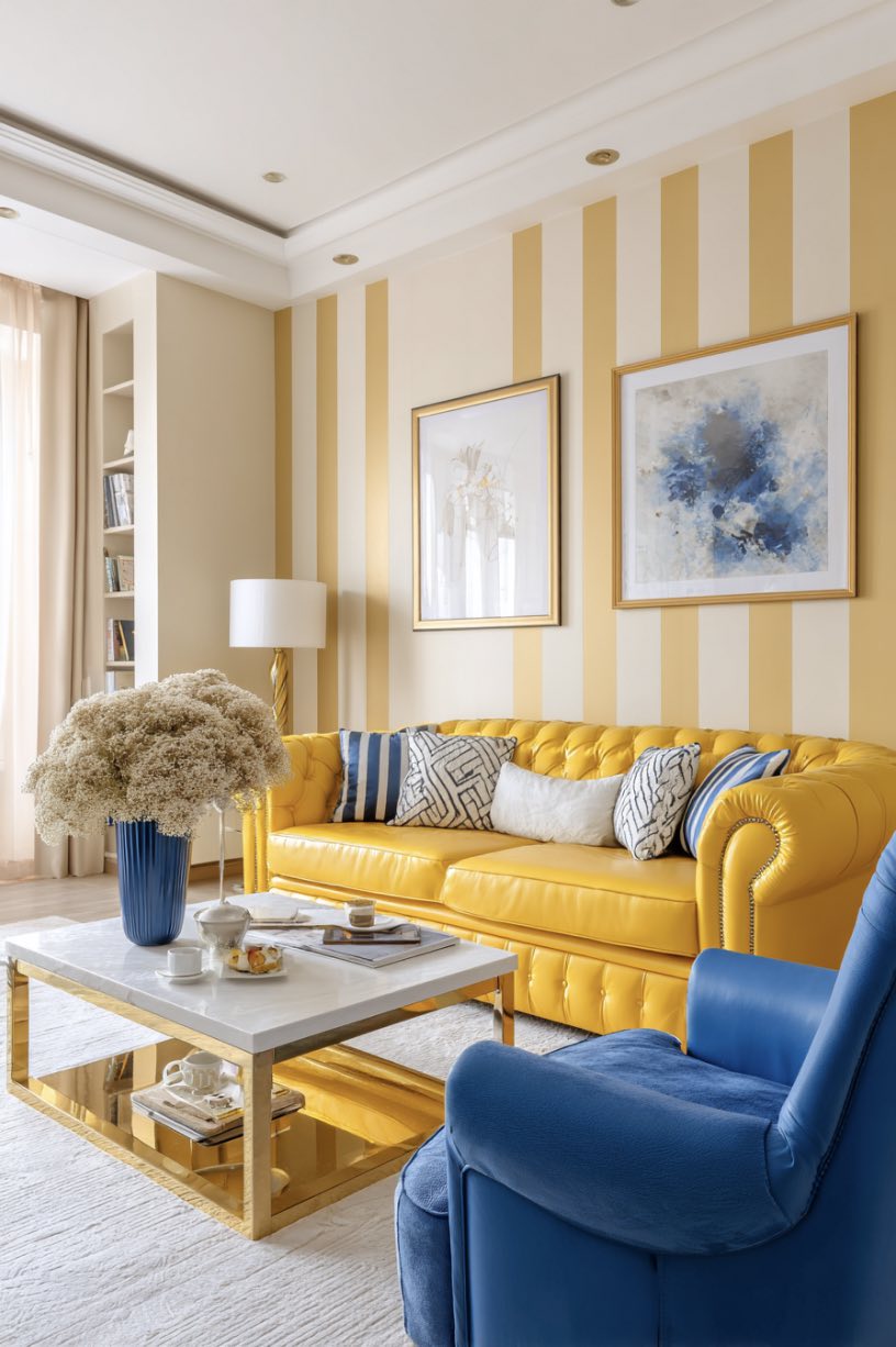 Yellow Sofa and Blue Chair