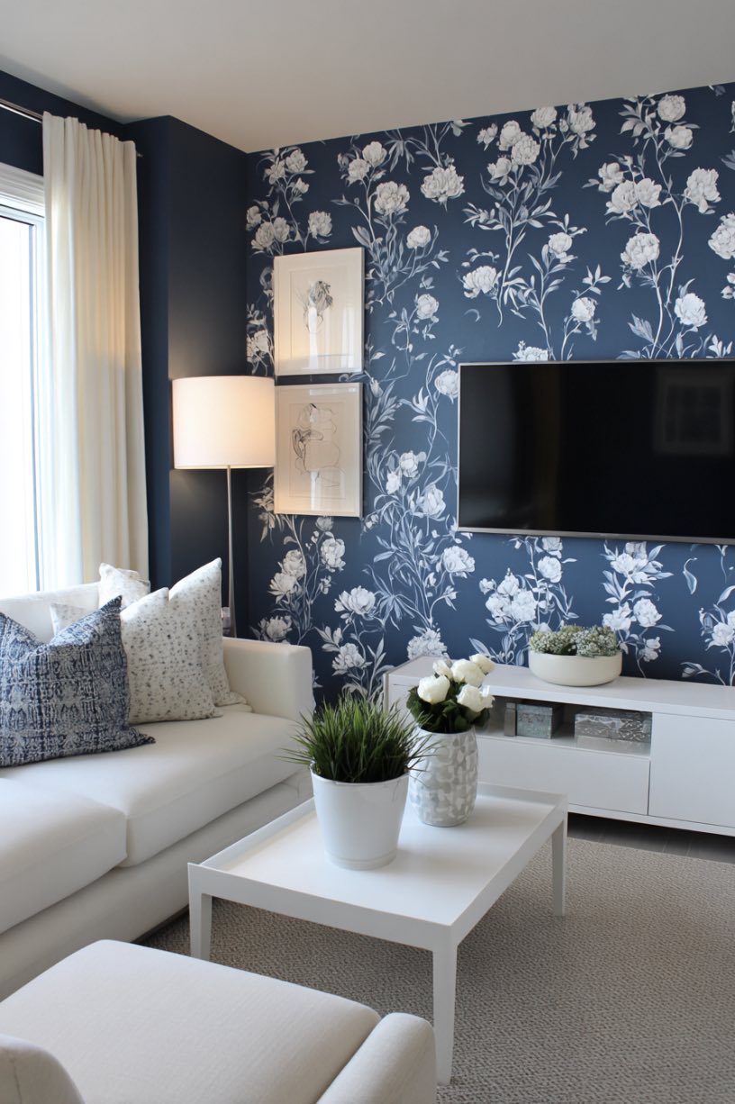 Navy and White Floral Wallpaper