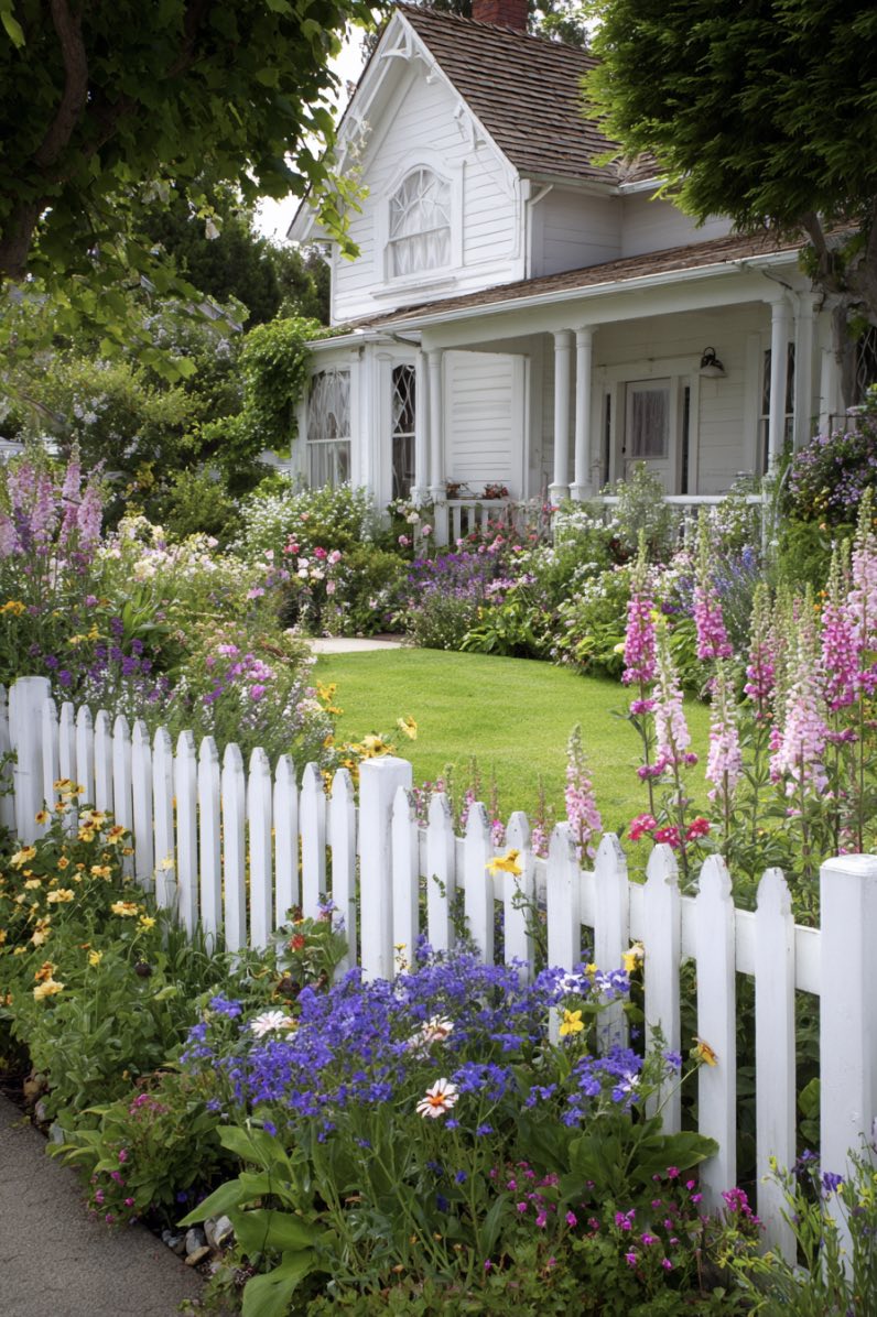 White picket fence with colorful cottage garden