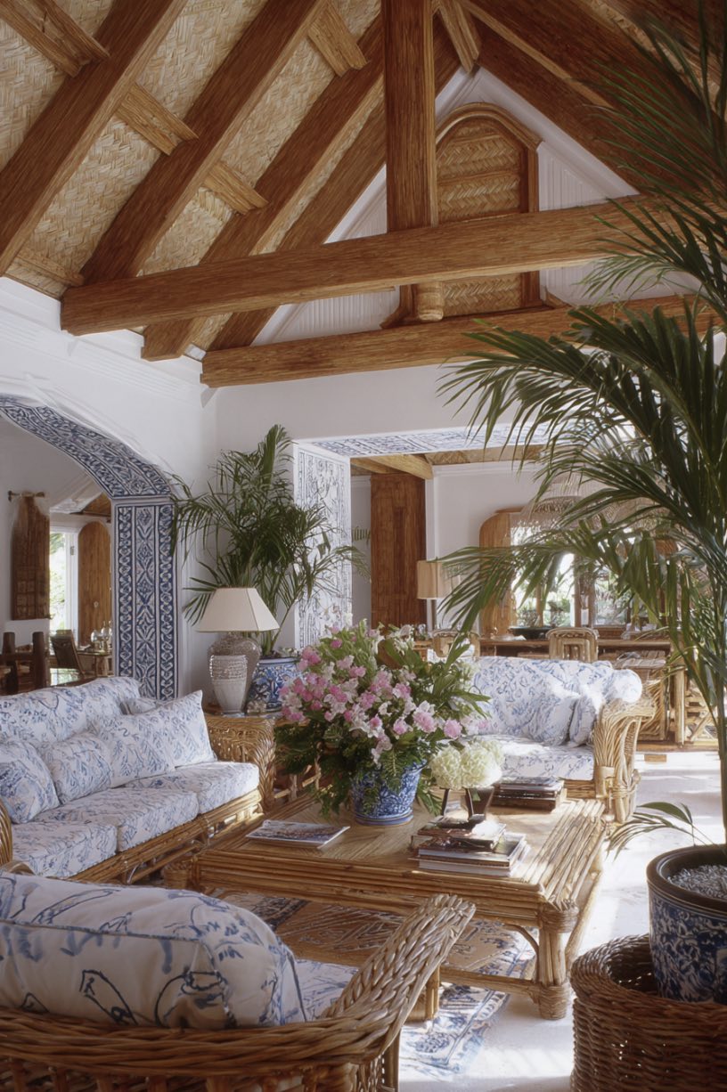 Blue and White Tropical Living Room