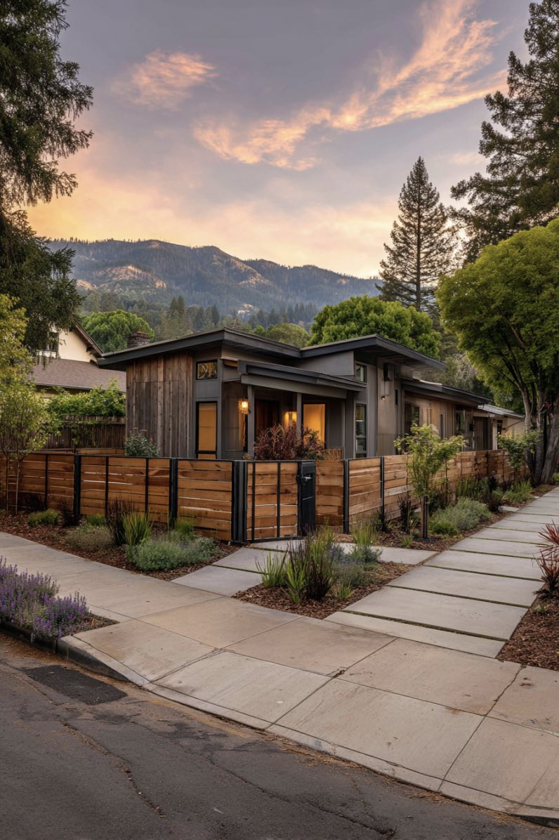 Wooden fence with native plant landscaping in urban setting