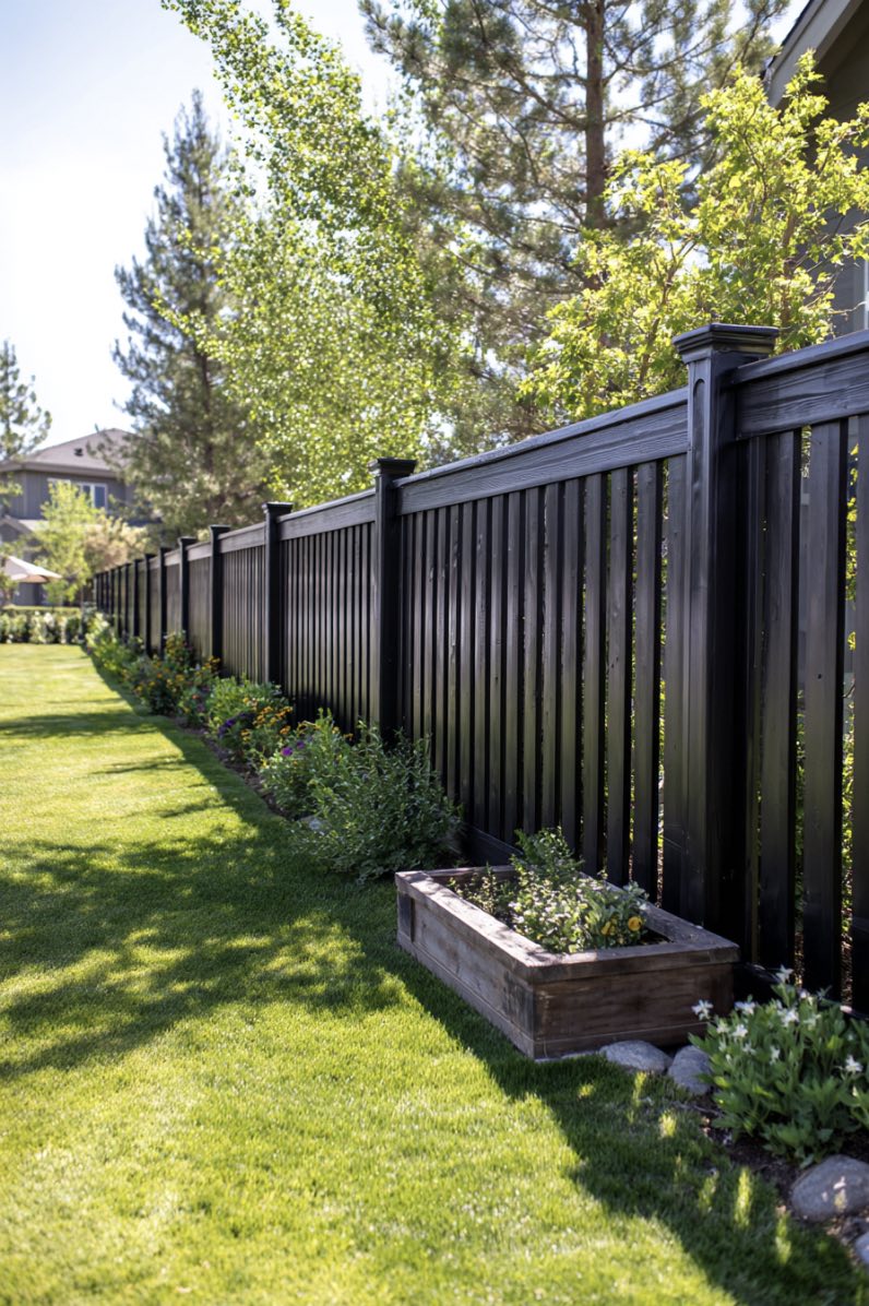 Black vinyl backyard fence with rustic garden bed