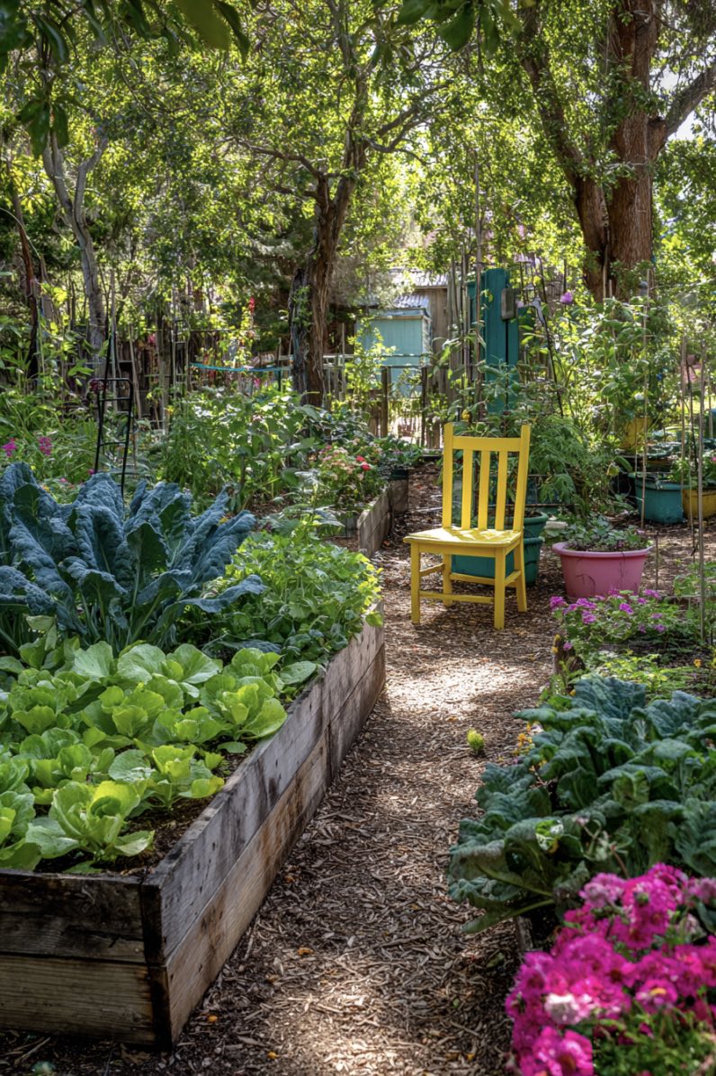 Bright Pallet Garden with Raised Beds