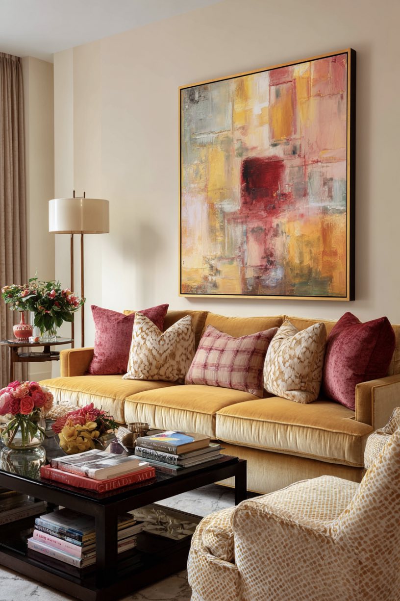 Earthy Golds and Pink Accents Living Room