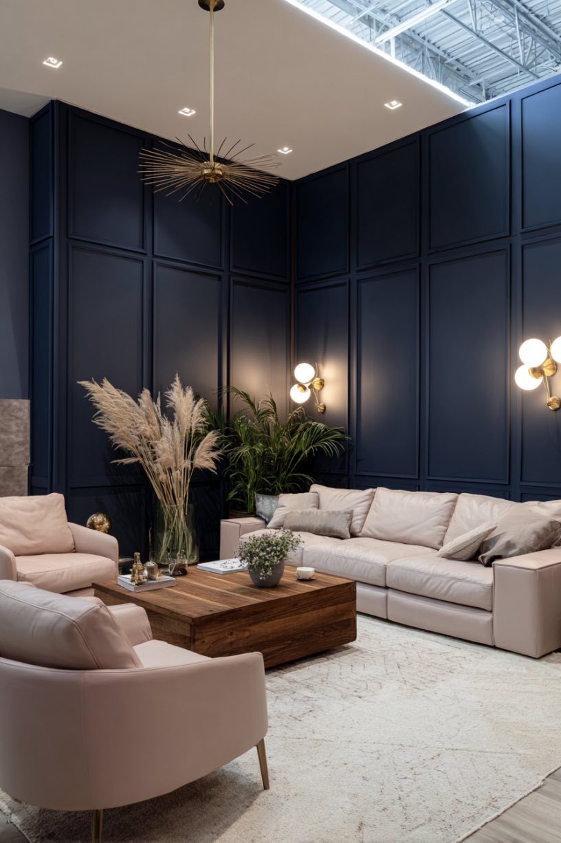Navy Blue and Light Pink Living Room