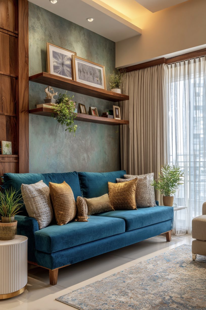 Living Room with Teal Blue and Boho Touches
