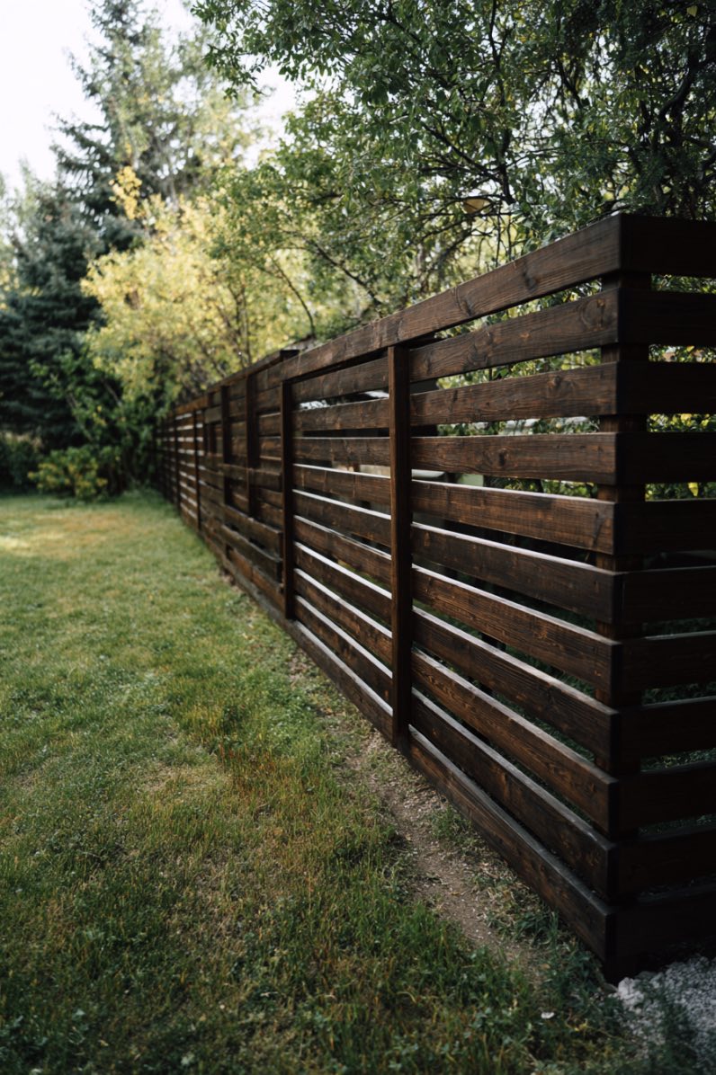 Dark brown wooden fence with horizontal slats