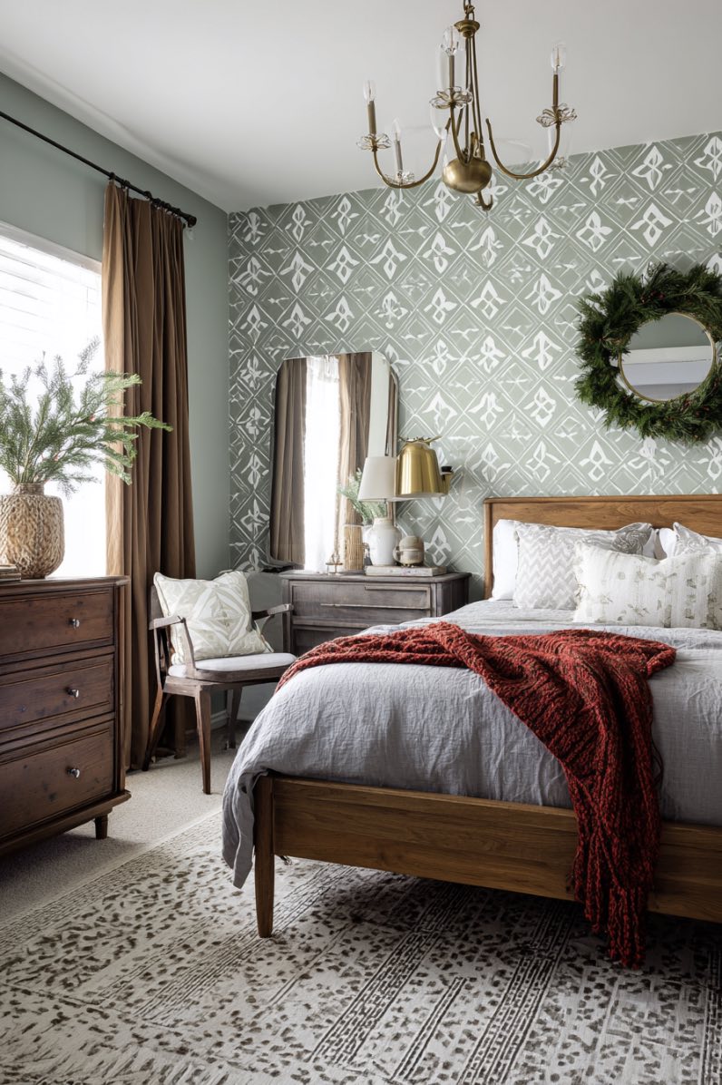 Sage Green Boho Christmas Bedroom