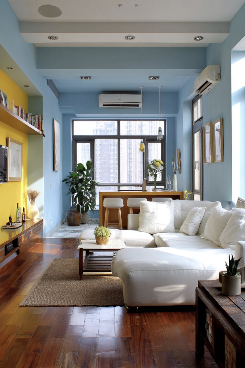 Blue, White, and Yellow Living Room