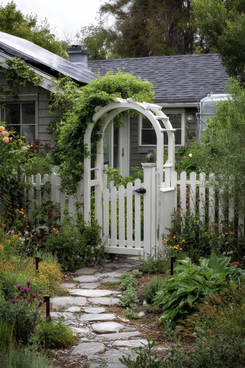 Arched white gate with stone path and garden view