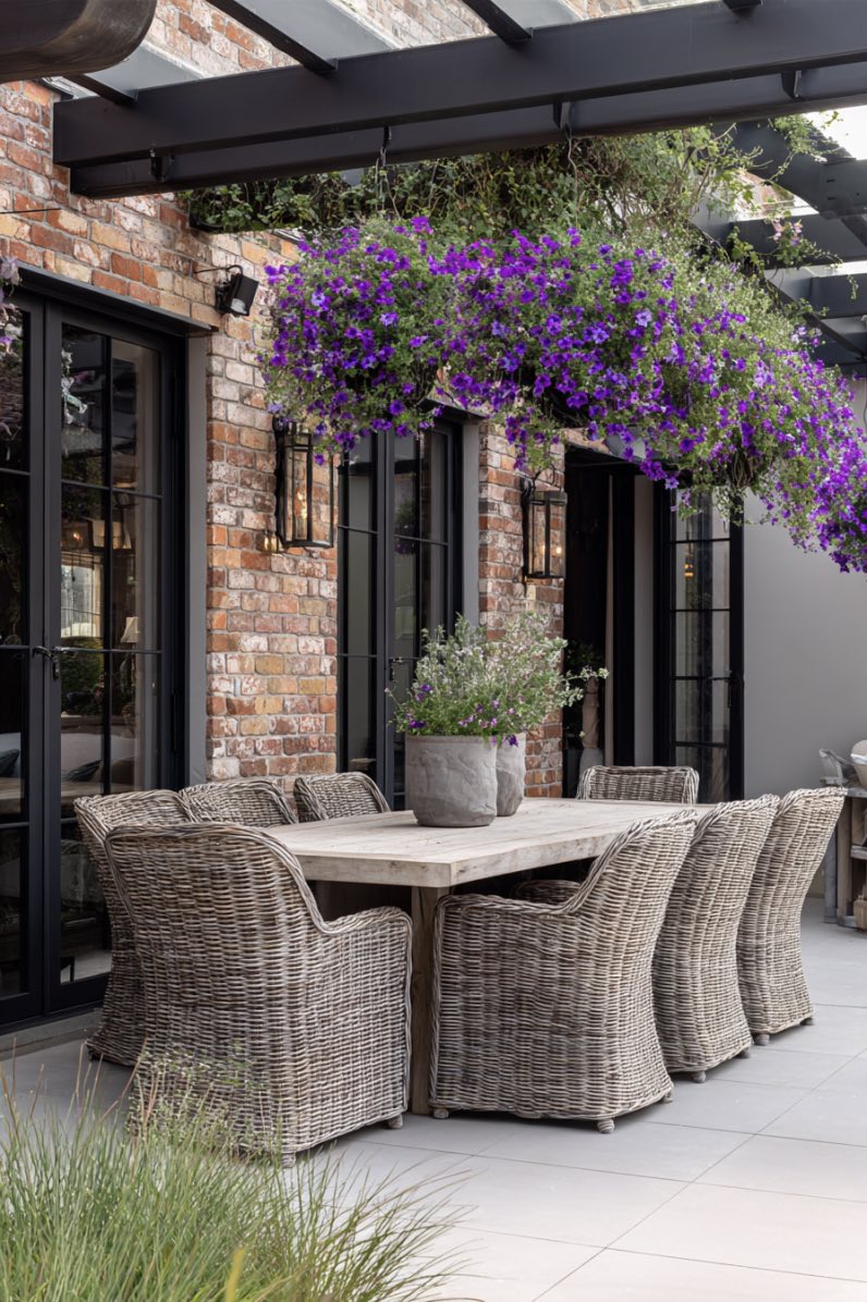 Charming Garden Dining Under Petunias