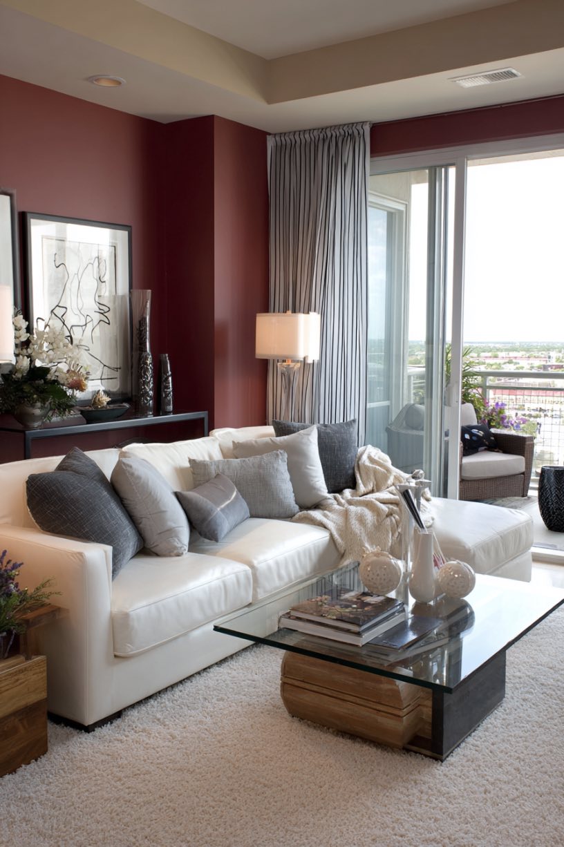 Dark Red, Grey, and White Living Room