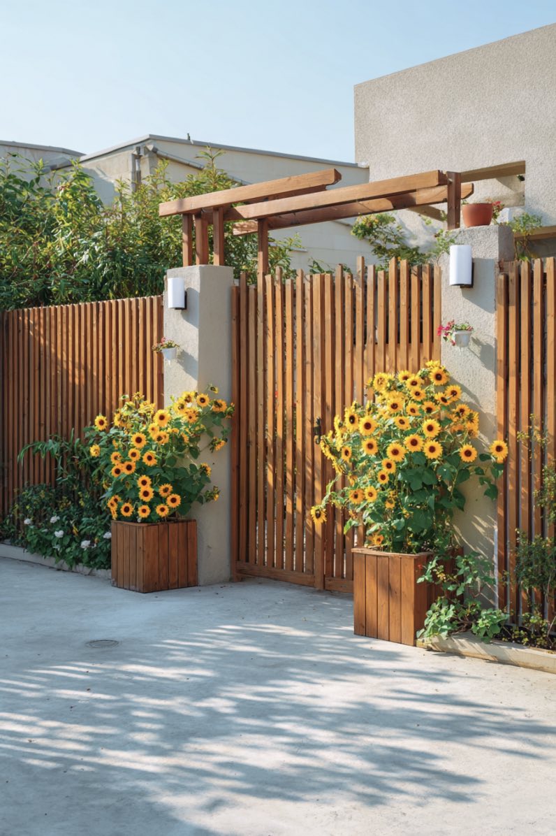 Wooden fence with sunflower-painted gate and planters