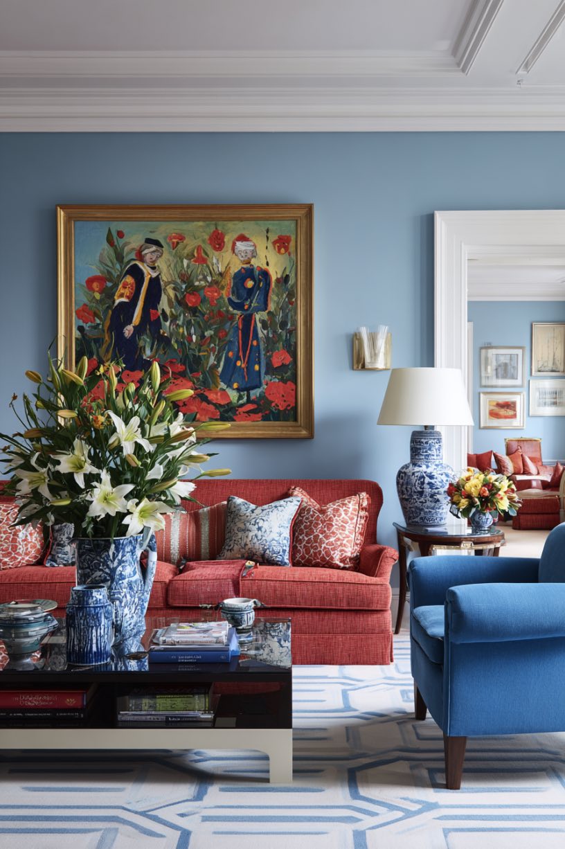 Blue, Red, and White Living Room