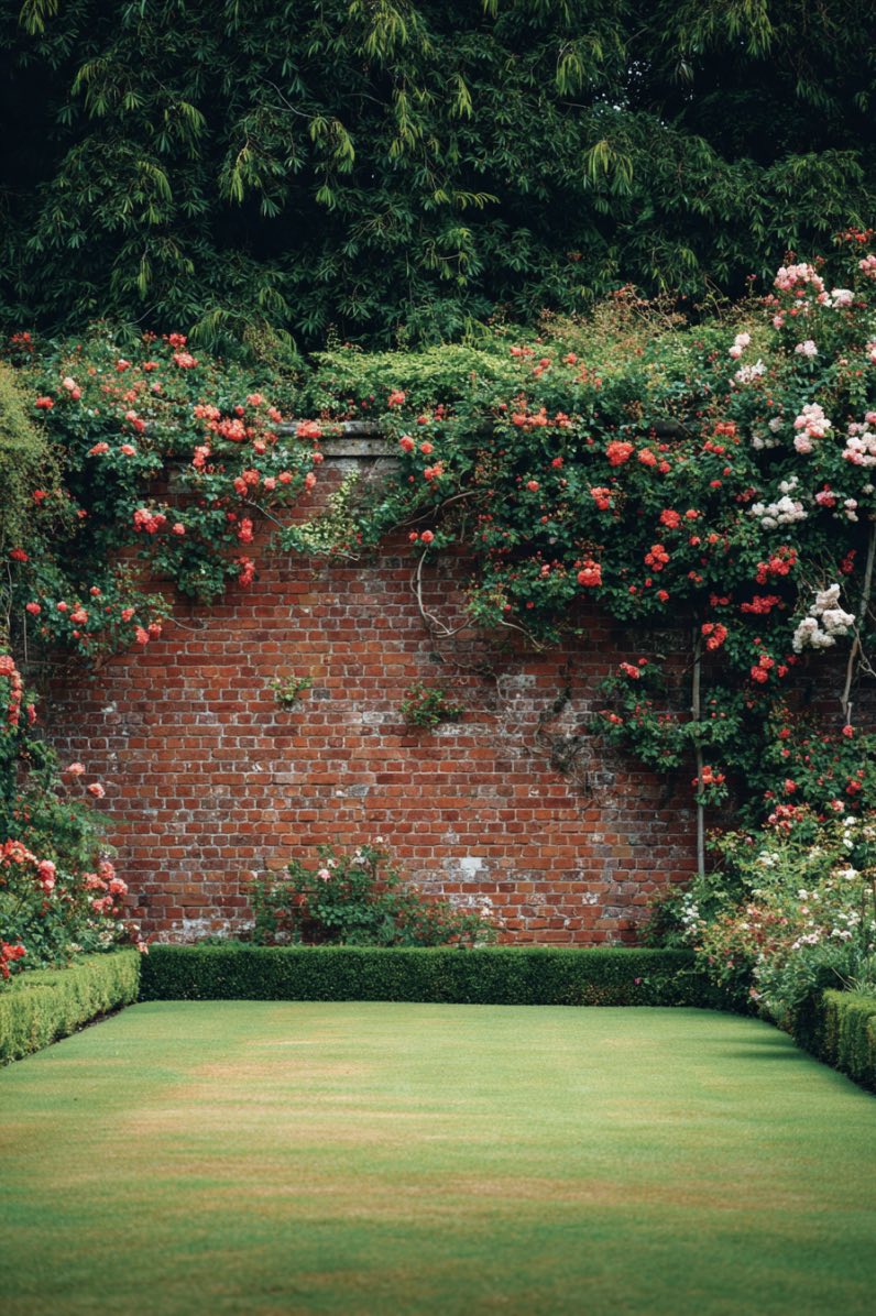 Red brick wall with climbing roses and hedges