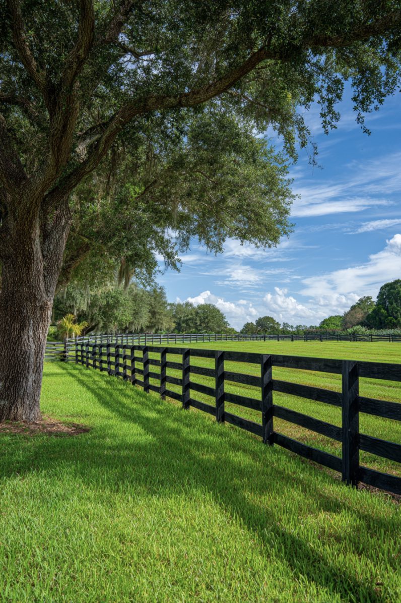 Black wooden ranch fence with Florida landscape