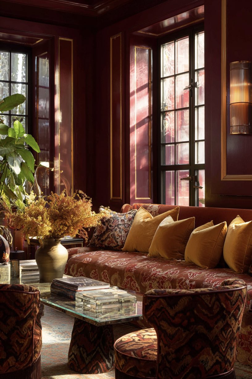 Burgundy and Yellow Living Room