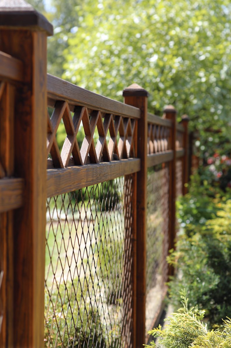 X-top wooden fence with wire mesh and greenery