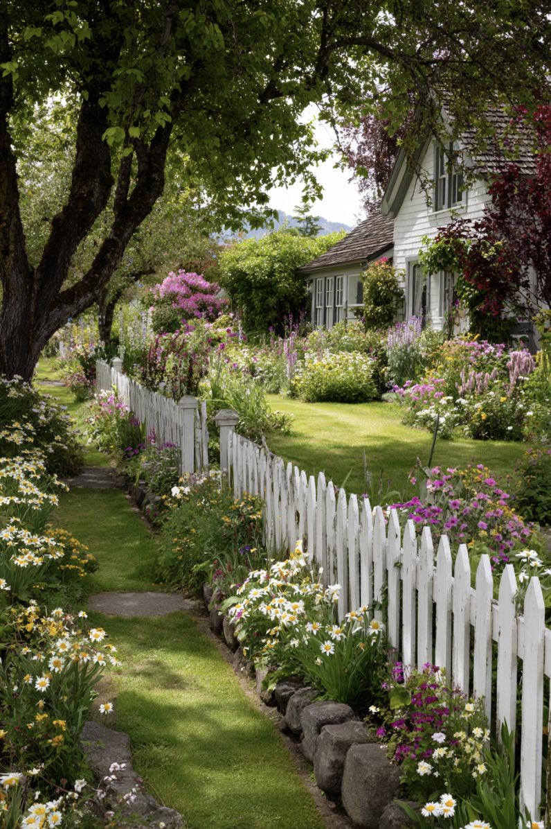Old white picket fence in English cottage garden