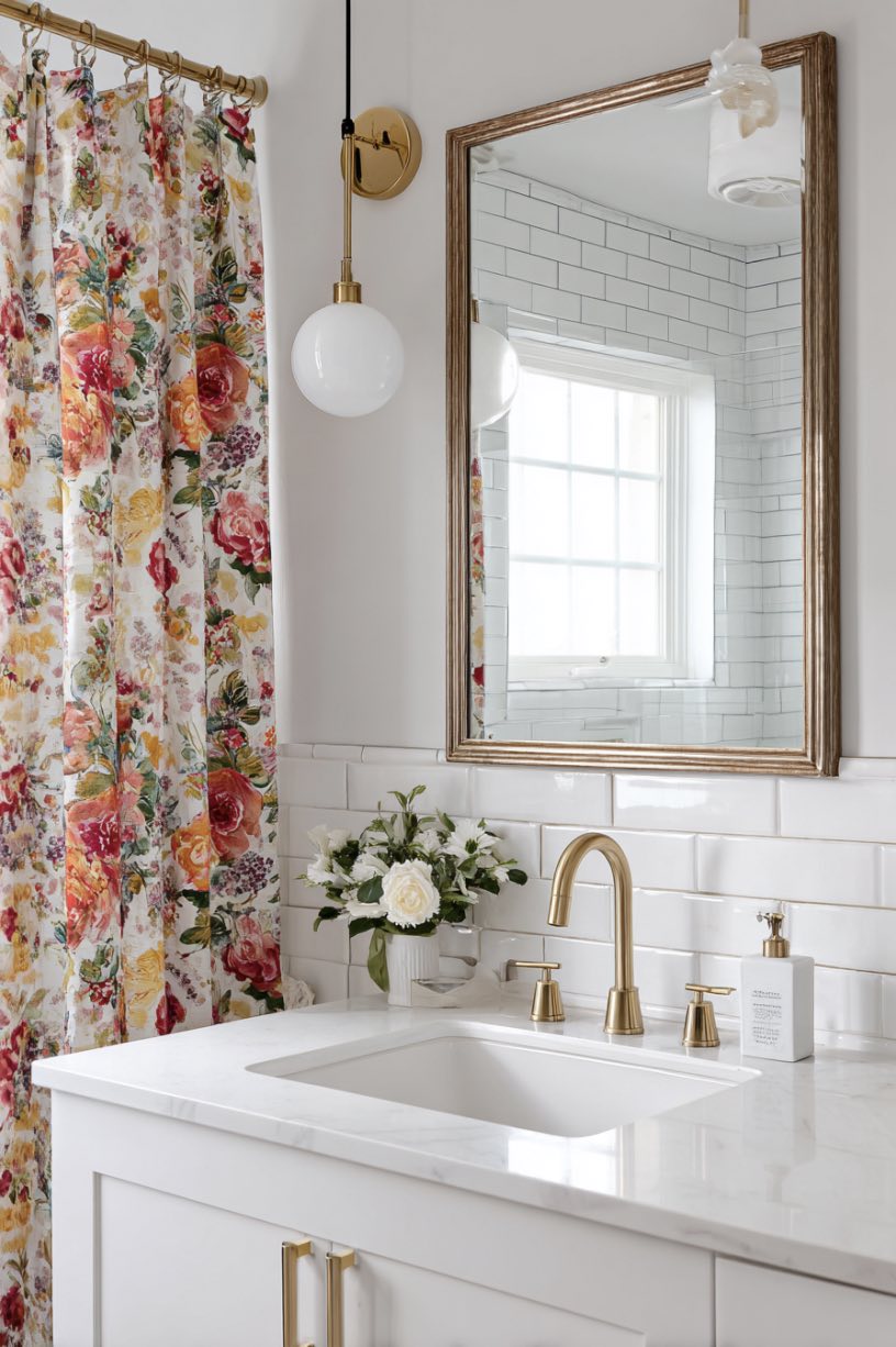 10. Floral Curtain Gold Fixture Farmhouse