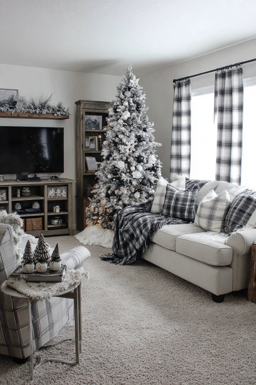 10. Grey Plaid Christmas Living Room