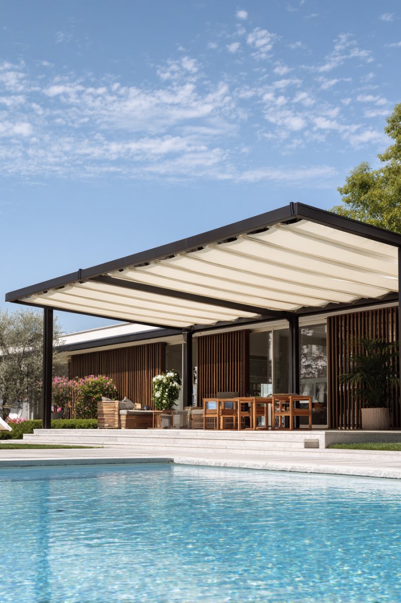 Striped Shade Over Modern Poolside
