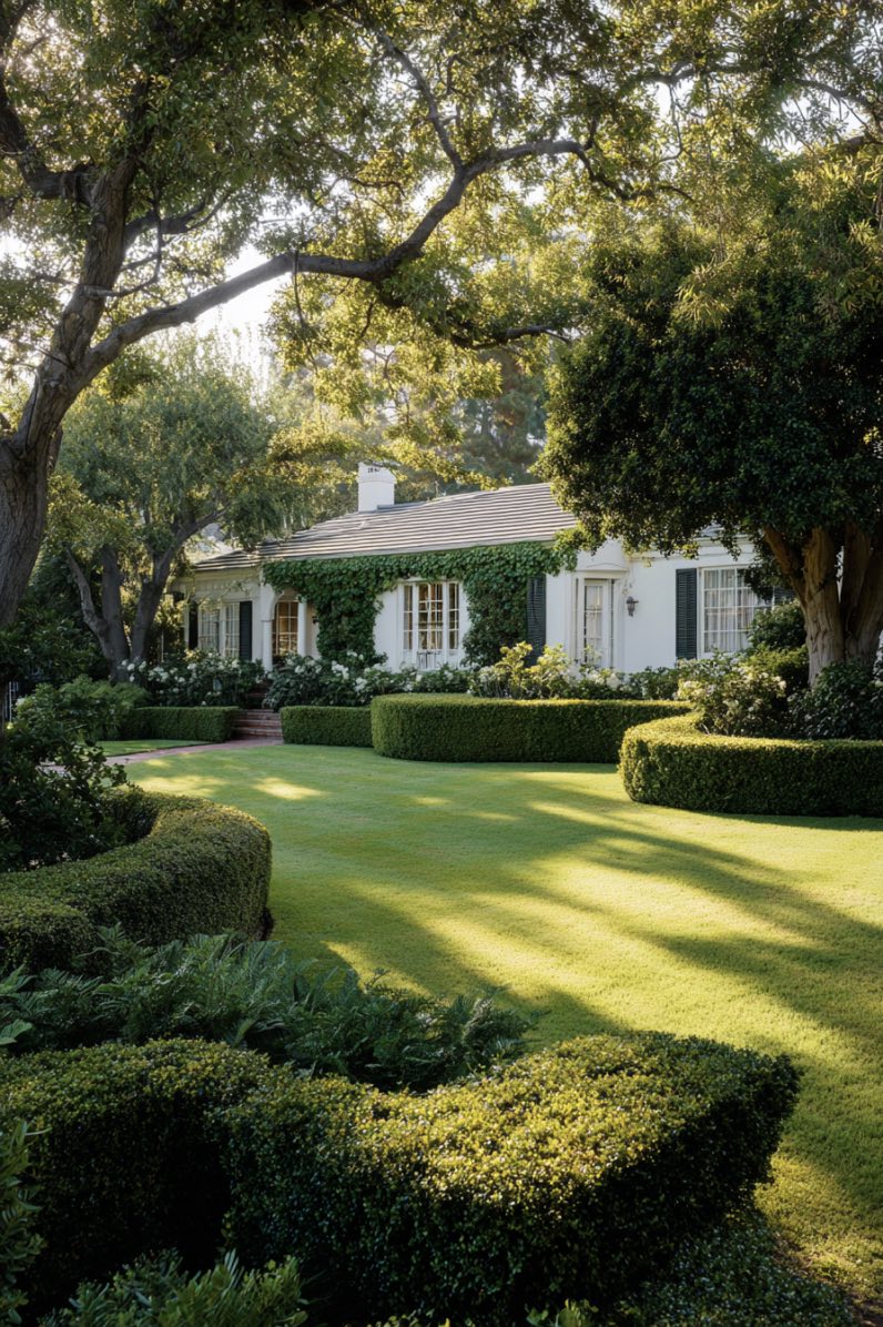 Sun-Kissed Boxwoods in Classic Front Yard