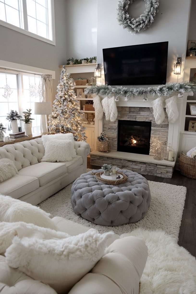 15. Cream Tufted Sofa Christmas Fireplace