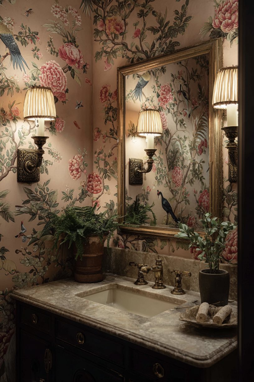 17. Chinoiserie Wallpaper Floral Bathroom