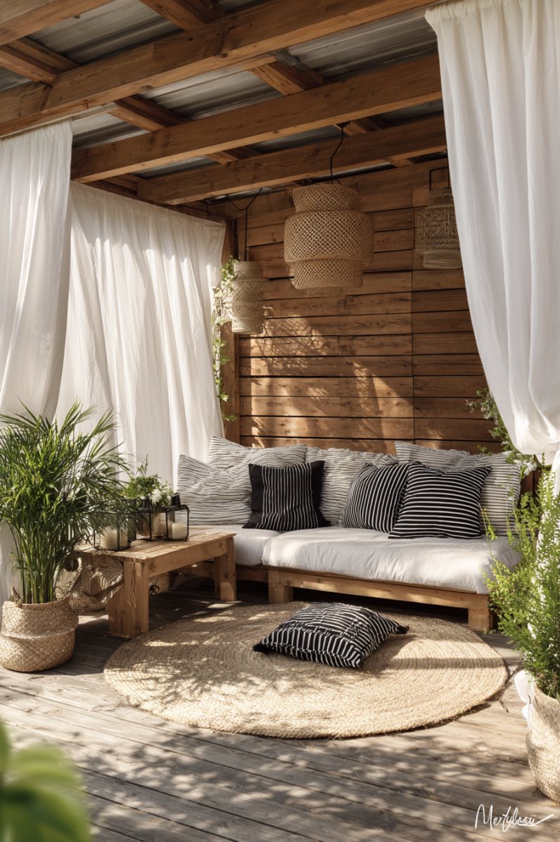 Cozy Wooden Gazebo with White Curtains