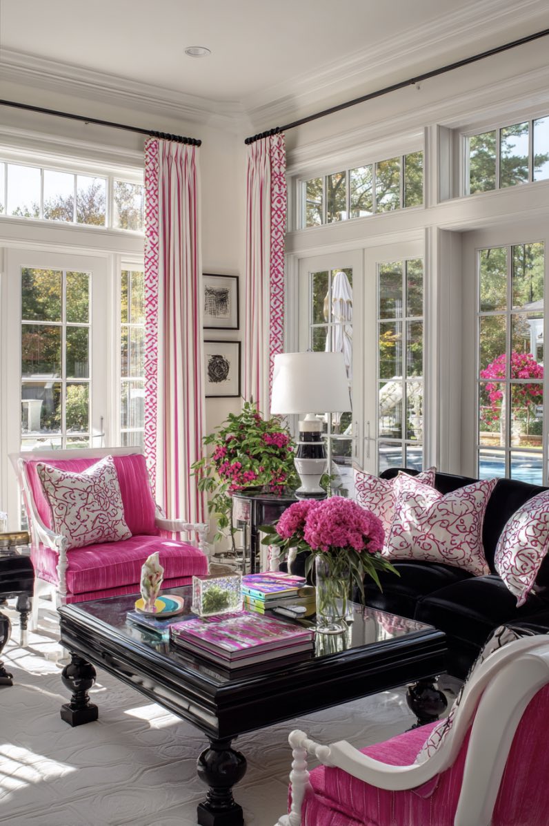 Bright Sunroom with Pink Striped Curtains