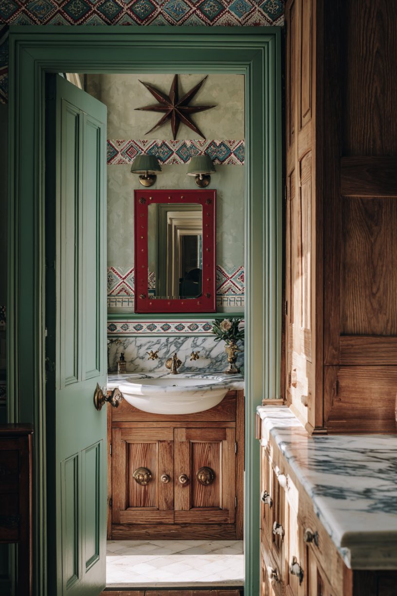 18. English Country Green Door Bathroom