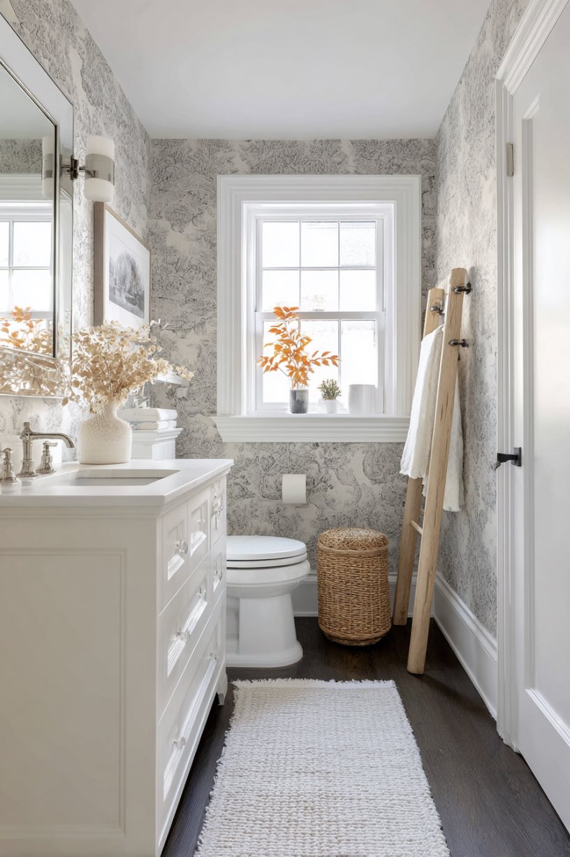 19. Grey Pattern Wallpaper Bright Bathroom