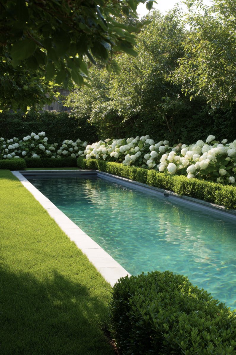 Sleek Boxwood Framing in Pool Garden